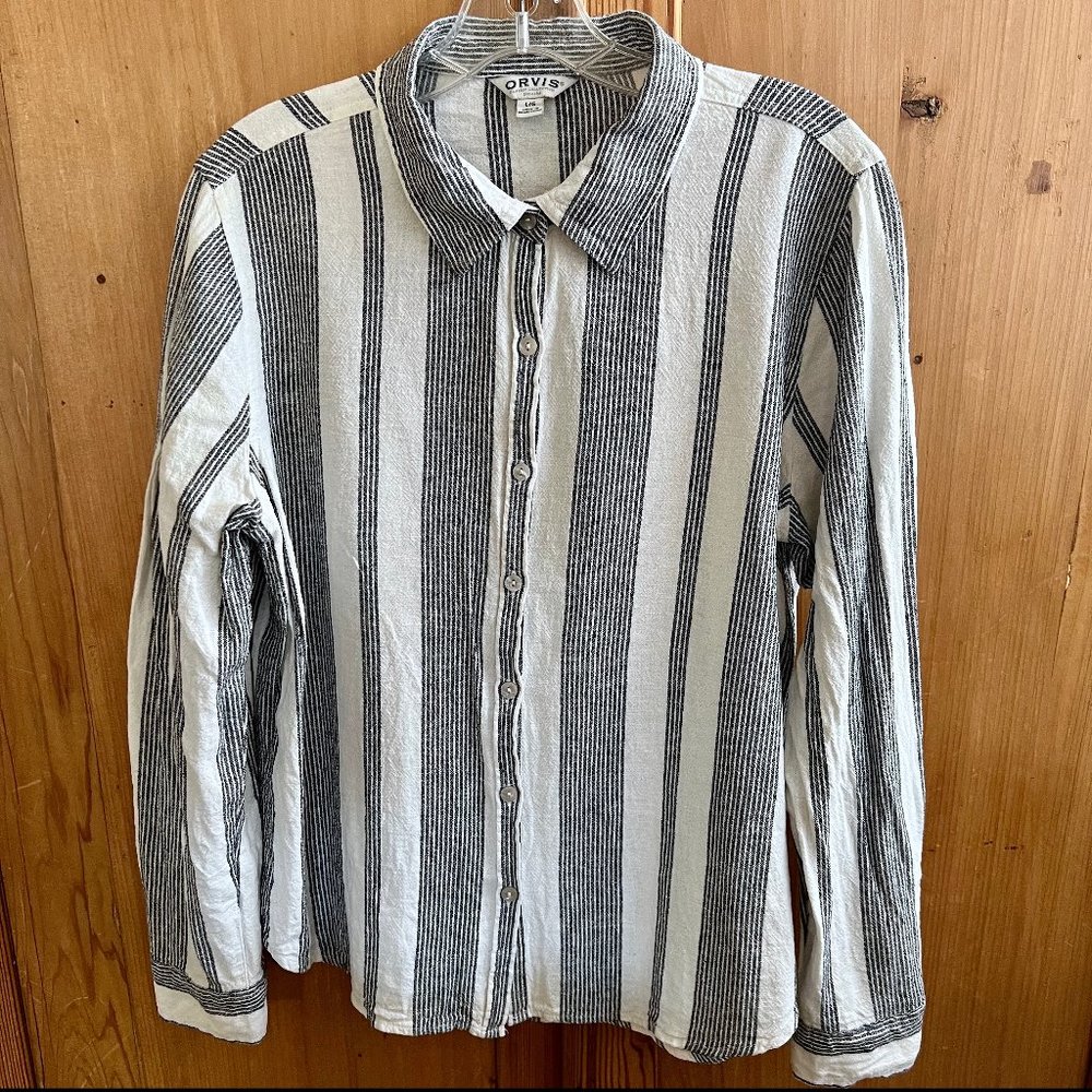 ORVIS Classic Collection Button Down Roll Tab Linen Blend Women's Shirt Large LG